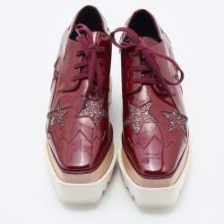 Pre Owned Stella McCartney Red Faux Patent Leather and Glitter Elyse Star Platform Derby Sneakers Size 36