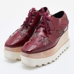 Pre Owned Stella McCartney Red Faux Patent Leather and Glitter Elyse Star Platform Derby Sneakers Size 36