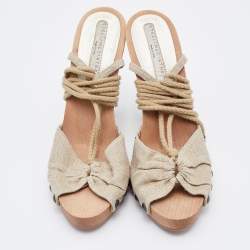 Stella McCartney Beige Fabric Wooden Platform Ankle Wrap Sandals Size 37