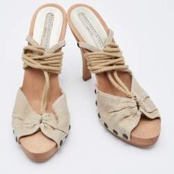 Stella McCartney Beige Fabric Wooden Platform Ankle Wrap Sandals Size 37