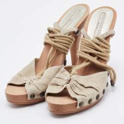 Stella McCartney Beige Fabric Wooden Platform Ankle Wrap Sandals Size 37