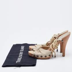 Stella McCartney Beige Fabric Wooden Platform Ankle Wrap Sandals Size 37