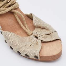 Stella McCartney Beige Fabric Wooden Platform Ankle Wrap Sandals Size 37