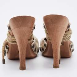 Stella McCartney Beige Fabric Wooden Platform Ankle Wrap Sandals Size 37
