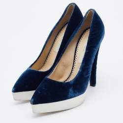 Stella McCartney Navy Blue Velvet Pointed Toe Platform Pumps Size 37.5