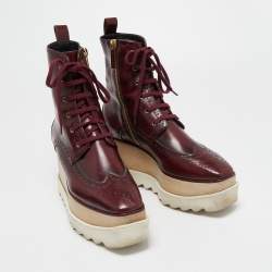 Stella McCartney Burgundy Brogue Faux Leather Elyse Platform Ankle Boots Size 37  