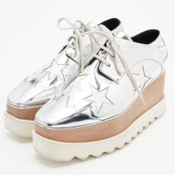 Pre Owned Stella McCartney Silver/White Faux Patent Leather Elyse Platform Derby Sneakers Size 39.5