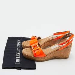 Pre Owned Stella McCartney Neon Orange Faux Patent Leather Cork Platform Wedge Ankle Strap Sandals Size 39