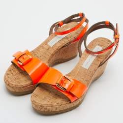 Pre Owned Stella McCartney Neon Orange Faux Patent Leather Cork Platform Wedge Ankle Strap Sandals Size 39