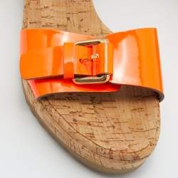 Pre Owned Stella McCartney Neon Orange Faux Patent Leather Cork Platform Wedge Ankle Strap Sandals Size 39