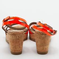Pre Owned Stella McCartney Neon Orange Faux Patent Leather Cork Platform Wedge Ankle Strap Sandals Size 39