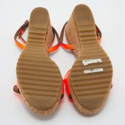 Pre Owned Stella McCartney Neon Orange Faux Patent Leather Cork Platform Wedge Ankle Strap Sandals Size 39