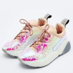 Pre Owned Stella McCartney Multicolor Holographic Faux Leather and Neoprene Sneakers Size 38