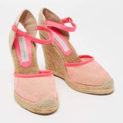 Pre Owned Stella McCartney Beige/Pink Raffia and Fabric Espadrille Wedge Sandals Size 38