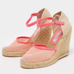 Pre Owned Stella McCartney Beige/Pink Raffia and Fabric Espadrille Wedge Sandals Size 38