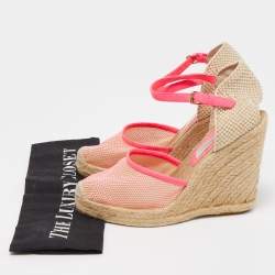 Pre Owned Stella McCartney Beige/Pink Raffia and Fabric Espadrille Wedge Sandals Size 38