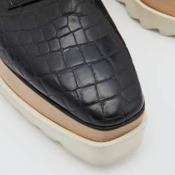 Pre Owned Stella McCartney Black Faux Croc Embossed Leather Elyse Cut Out Platform Derby Sneakers Size 38