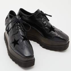 Pre Owned Stella McCartney Black Faux Leather and Wood Elyse Star Platform Derby Sneakers Size 39.5