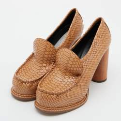 Pre Owned Stella McCartney Tan Snakeskin Embossed Leather Loafer Pumps Size 39