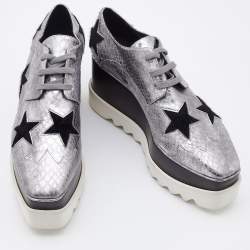 مملوكة مسبقًا Stella McCartney Silver/Black Snakeskin Embossed Leather and Calfhair Elyse Star Platform Derby Size 38