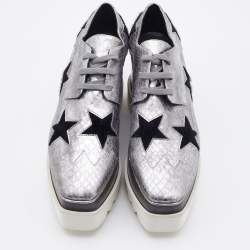 مملوكة مسبقًا Stella McCartney Silver/Black Snakeskin Embossed Leather and Calfhair Elyse Star Platform Derby Size 38
