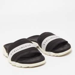 Stella McCartney Black/White Faux Suede And Canvas Logo Flat Slides Size 38