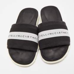 Stella McCartney Black/White Faux Suede And Canvas Logo Flat Slides Size 38