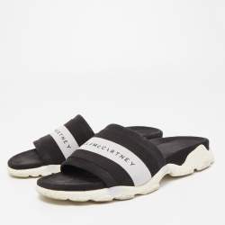 Stella McCartney Black/White Faux Suede And Canvas Logo Flat Slides Size 38