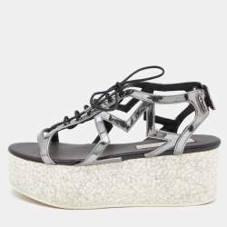 Stella McCartney Metallic Grey Faux Leather Hackney Platform Sandals Size 39