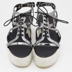 Stella McCartney Metallic Grey Faux Leather Hackney Platform Sandals Size 39
