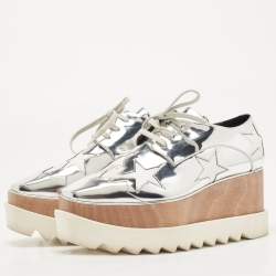 Pre Owned Stella McCartney Silver Faux Leather Elyse Star Wedge Sneakers Size 38