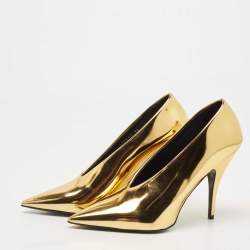 Stella McCartney Metallic Gold Faux Patent Leather V Neck Pointed Toe Pumps Size 38
