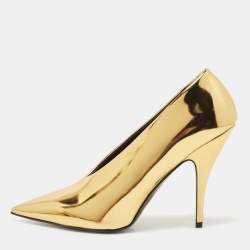 Stella McCartney Metallic Gold Faux Patent Leather V Neck Pointed Toe Pumps Size 38