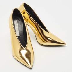 Stella McCartney Metallic Gold Faux Patent Leather V Neck Pointed Toe Pumps Size 38