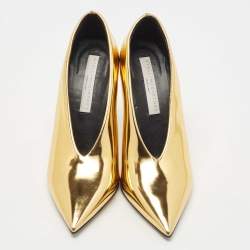 Stella McCartney Metallic Gold Faux Patent Leather V Neck Pointed Toe Pumps Size 38