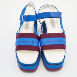 Stella McCartney Blue/Burgundy Canvas Striped Platform Ankle Strap Sandals Size 37