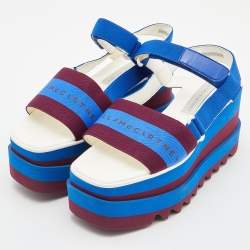 Stella McCartney Blue/Burgundy Canvas Striped Platform Ankle Strap Sandals Size 37