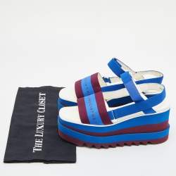 Stella McCartney Blue/Burgundy Canvas Striped Platform Ankle Strap Sandals Size 37