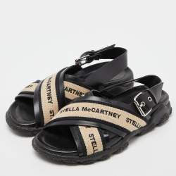 Stella McCartney Black/Beige Faux Leather and Canvas Crossover Flat Sandals Size 36