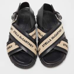 Stella McCartney Black/Beige Faux Leather and Canvas Crossover Flat Sandals Size 36