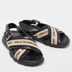 Stella McCartney Black/Beige Faux Leather and Canvas Crossover Flat Sandals Size 36