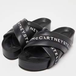 Pre Owned Stella McCartney Black/White Faux Leather Vesta Slide Slippers Size 41