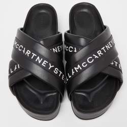 Pre Owned Stella McCartney Black/White Faux Leather Vesta Slide Slippers Size 41