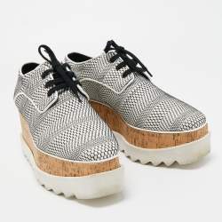 Pre Owned Stella McCartney White/Black Woven Faux Leather Elyse Cork Wedge Platform Derby Sneakers Size 39