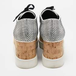 Pre Owned Stella McCartney White/Black Woven Faux Leather Elyse Cork Wedge Platform Derby Sneakers Size 39