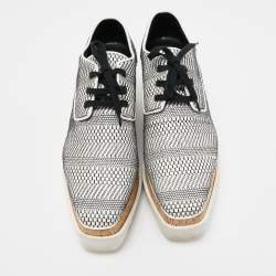Pre Owned Stella McCartney White/Black Woven Faux Leather Elyse Cork Wedge Platform Derby Sneakers Size 39