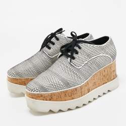 Pre Owned Stella McCartney White/Black Woven Faux Leather Elyse Cork Wedge Platform Derby Sneakers Size 39