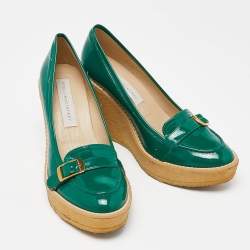 Stella McCartney Green Faux Patent Leather Wedge Loafer Pumps Size 38