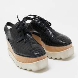 Pre Owned Stella McCartney Black Croc Embossed Leather Elyse Cut Out Platform Derby Sneakers Size 37