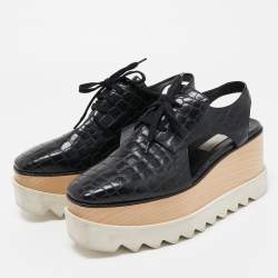 Pre Owned Stella McCartney Black Croc Embossed Leather Elyse Cut Out Platform Derby Sneakers Size 37